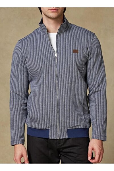 Abbate Edon Örme Kumaş Pamuklu Modern Fit Lacivert Dik Yaka Erkek Çizgili Sweatshirt