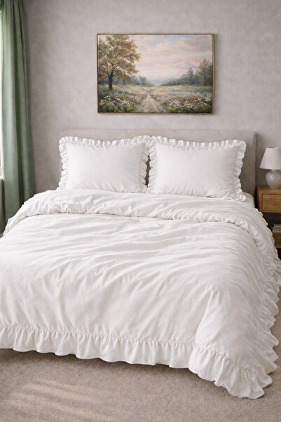 GÖRMEZ TEKSTİL Set de lenjerie de pat dublu din bumbac natural - Volane albe