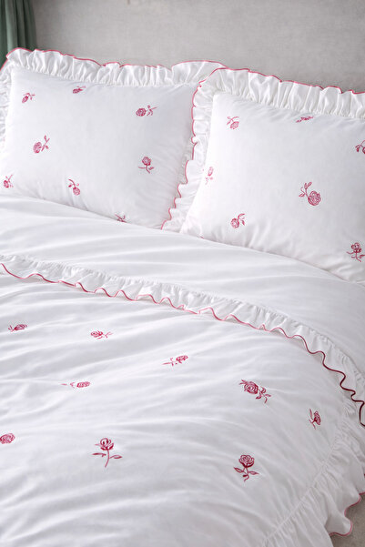 GÖRMEZ TEKSTİL طقم غطاء لحاف من القطن الخالص مزين بكشكشة باللون الأحمر الوردي...