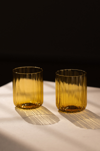 Rakle Flower Handmade Self-Colored Set of 2 Water Glasses Amber 450 Cc