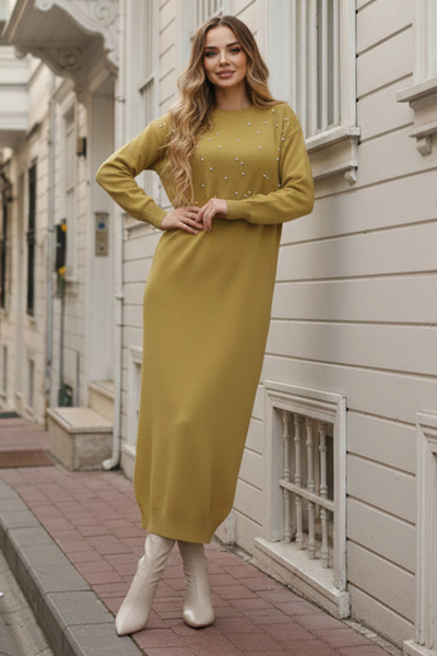 benguen 6079 Перлинна деталізована трикотажна сукня оливкового кольору
