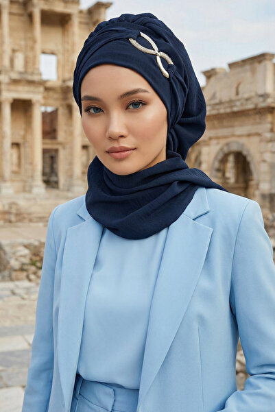 Aisha's Design Елегантний готовий тюрбан з металевими аксесуарами, темно-сині...