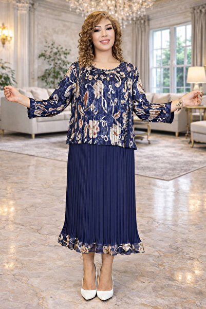 Yeşilmoda Abiye elbise,Şifon kumaş,Pliseli etek,Yaka detayları,Mavi,Astarlı,T...