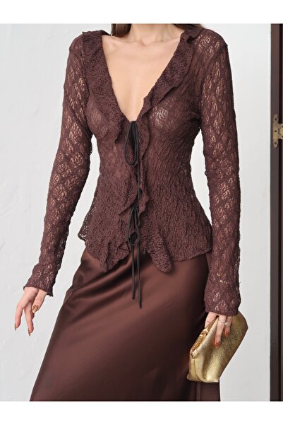 Paw Garage Women's Sura Knitted Lace Shawl Collar Tie-Up Blouse