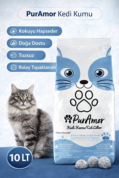 PurAmor Kedi Kumu 10 LT (8,5 KG) – Kolay Topaklanan, Kokuyu Hapseden, Tozsuz