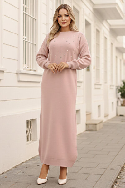 benguen 6079 Κέλυφος Ντετάιλη Τρίκο Φόρεμα Πούδρα