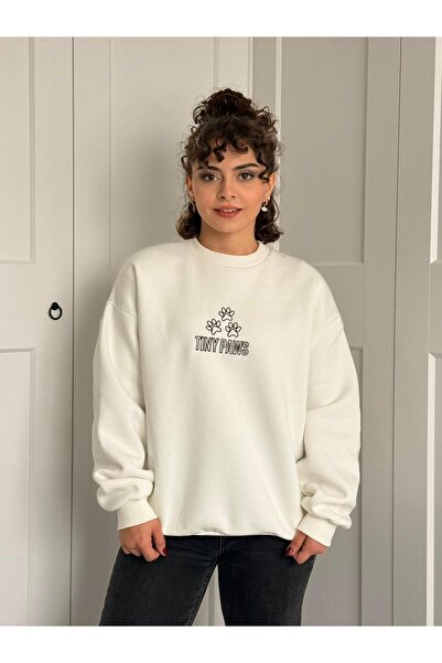 Quzu Oversize Sweatshirt with Dog and Paw Pattern Ecru