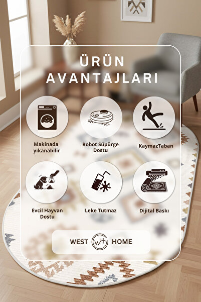 West Home Dijital Baskı Yıkanabilir Kaymaz Taban Leke Tutmaz Oval Mutfak Halısı Salon Halısı Ve Yolluk