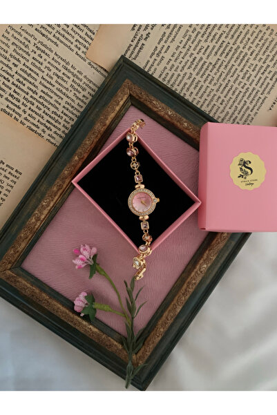 chaoyada Damla Pembe Taş Kordon Vintage Saat Hediye Kutusunda