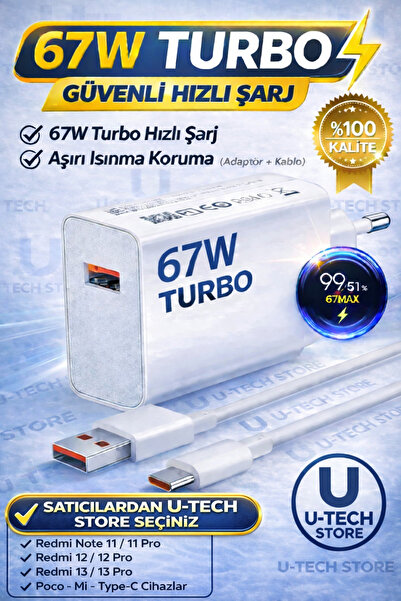 utechno 67W (WATT) Turbo Hızlı Şarj Adaptör+Kablo(Set) Xiaomi Redmi Note 11/1...