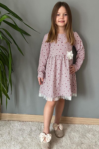 Breeze Kız Çocuk Uzun Kollu Elbise Kalp & Kazayağı Desenli 3-7 Yaş, Gülkurusu