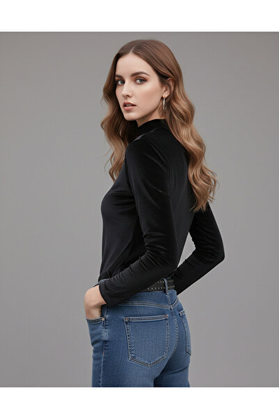 WAYS Siyah Kadife Balıkçı Yakalı Body Slim Fit Trend & Şık Tasarım