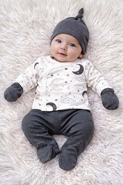 Linda Harris Moon Star Pattern Antrasit 5’li Yenidoğan Bebek Hastane Çıkışı Seti