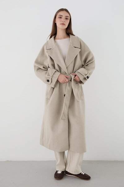 JASTE Kadın Geniş Rever Yaka Kuşaklı Uzun Kaban VİZON