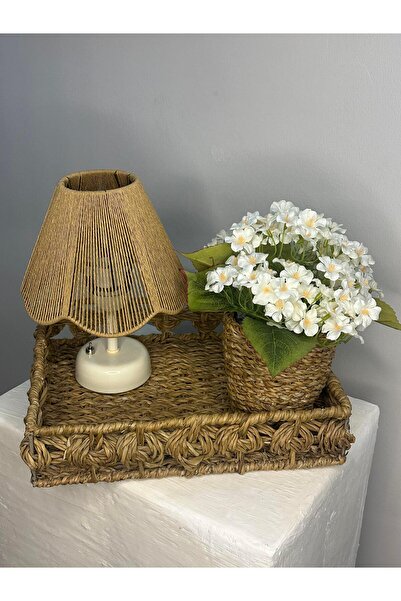 KorFam Rosalinda - Kahverengi / Beyaz Gece & Masa lambası Hasır Tepsi Seti