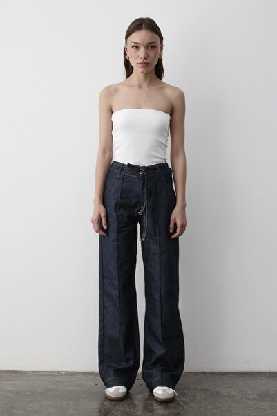 JASTE Kadın Lacivert Çizgili Geniş Paça Jean Pantolon