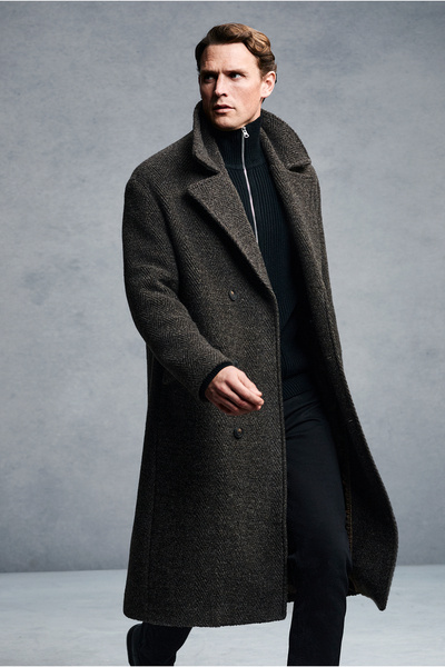 Abdullah Kiğılı Oversize Ekstra Rahat Kesim Desenli Yünlü Kruvaze Palto