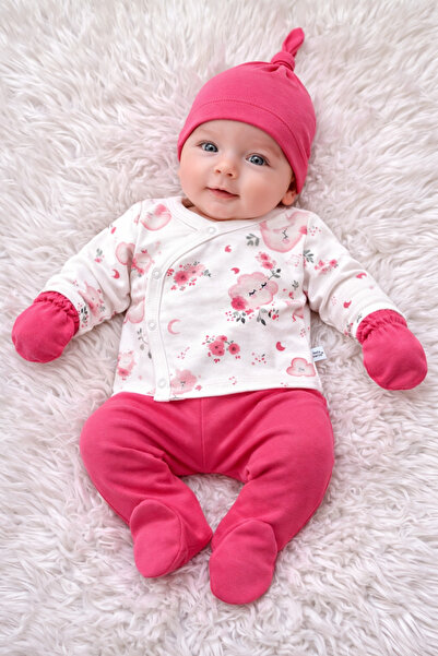 Floral Cloud Pattern Şeker Pembe 5’li Yenidoğan Kız Bebek Hastane Çıkışı Seti