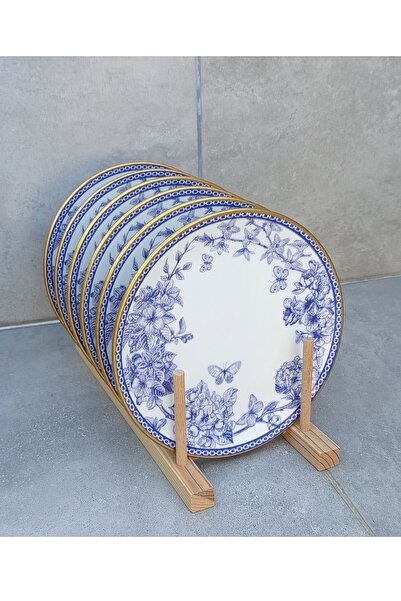 Pinkev طبق حلويات سيراميك أزرق ذهبي اللون 6 قطع 19 سم