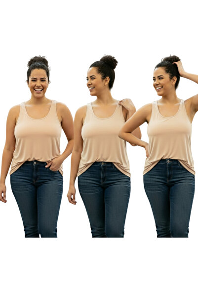 MRR MAJESTİC Women's Thick Strapped Beige Lycra Tank Top - Oversized Size - S...