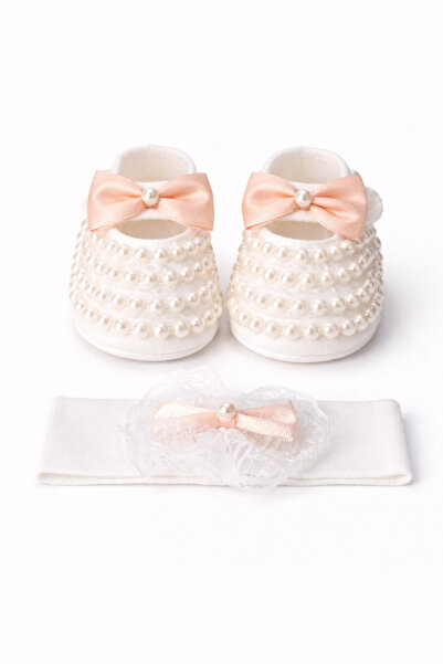Bowtie Detailed Shiny Pearl Shoes/Bootees-Headband Set Baby Gift (10 cm)