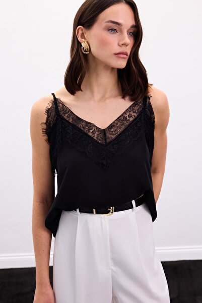 Sateen Lace Detailed Strappy Blouse - Black