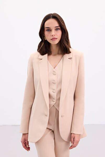 Sateen Buttoned Classic Jacket - Beige