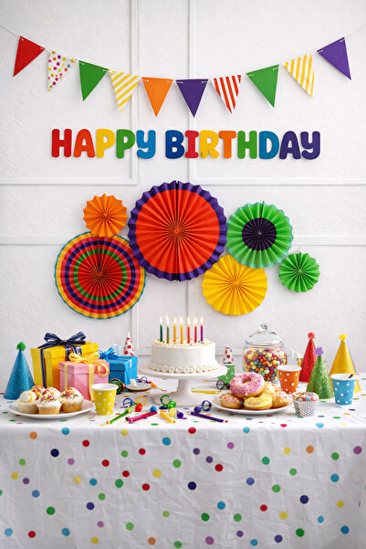 Partifabrik Rengarenk Karnaval Yelpaze Happy Birthday Üçgen Süs Seti 3 Parça
