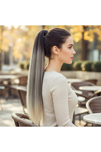 Mina Peruk Kumral / Beyaz Platin Ombre Düz At Kuyruğu – Tokalı Lastikli Sente...