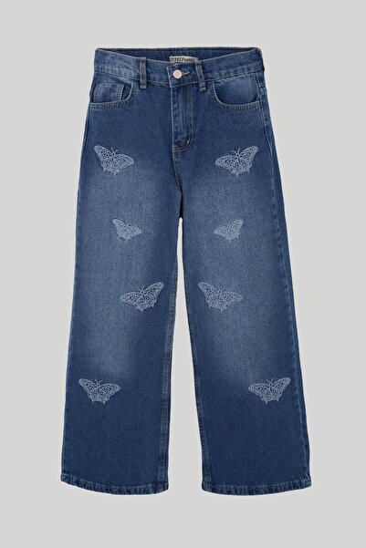 Breeze بنطلون جينز بناتي مطرز بفراشة، مقاس 10-14 سنة، أزرق