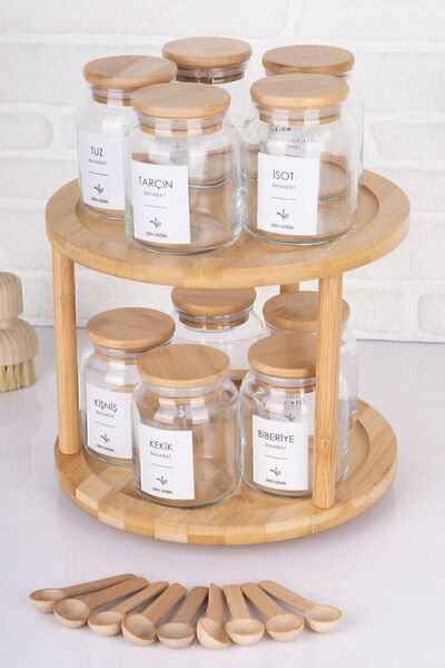 Home 10-Piece Wooden Vacuum Lid Glass Jar with Wooden Rotating Stand 300 ml