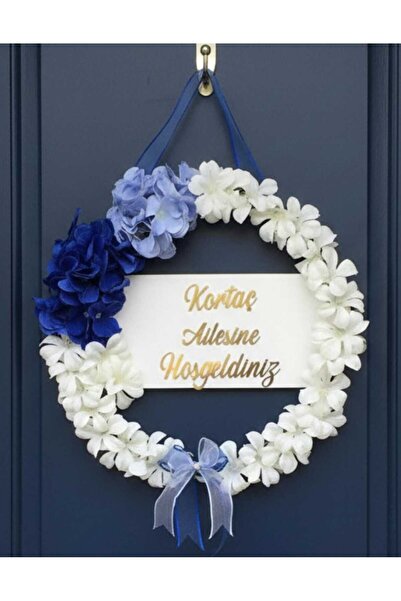 Marka Tasarim Mavi Beyaz Çiçekli Ahsap Üzerine Pleksi Kişiye Özel Ailesine Ho...