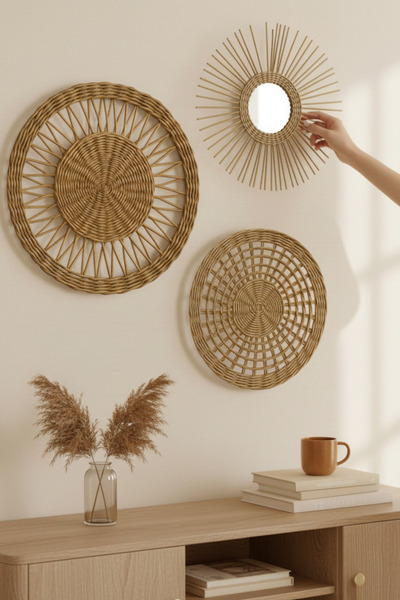 Joujou El Yapımı Rattan Duvar Dekor Seti 3'lü | Doğal Bohem Rattan Rustik Duv...