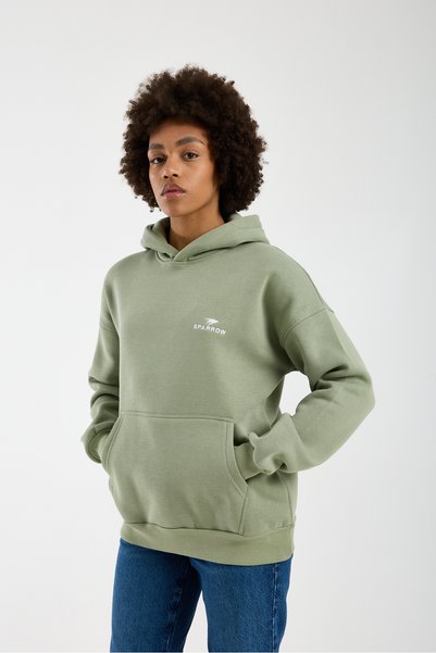 Sparrow Unisex Oversized Cotton Kangaroo Pocket Hooded Embroidered Three Thread Sh Brushed Inside Sweatshirt