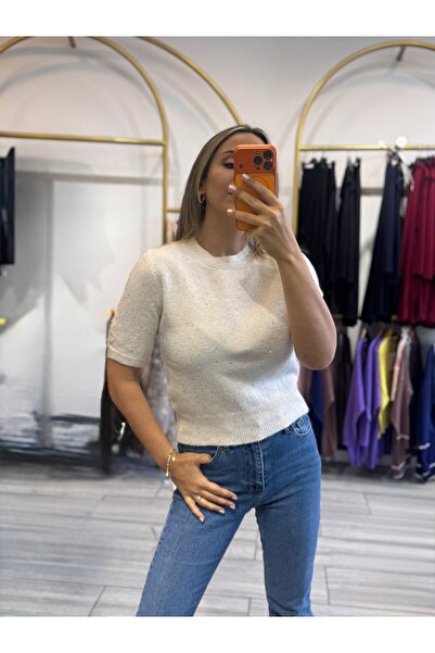 Dilvin 10703 Glitter Short Sleeve Knit Sweater Beige-Burgundy