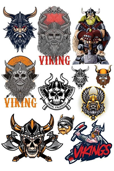 Reysa Tasarım Kuru Kafa Vikings Sticker Set 11 Parça Telefon, Tablet, Defter,...