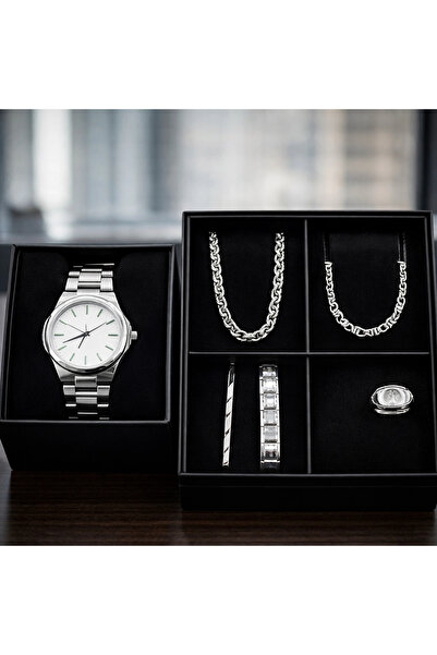 naaksesuar Sevgililer Günü Erkek Takı 6lı Gümüş Renkli Set Sürpriz Paket