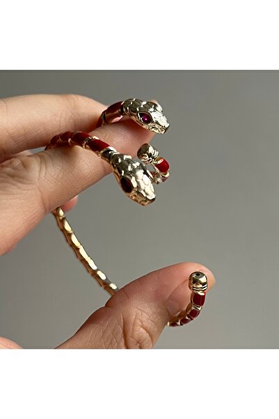 Büşra Shine Aksesuar Gold Kırmızı Yılan Detaylı Yüzük Hediyeli Kelepçe
