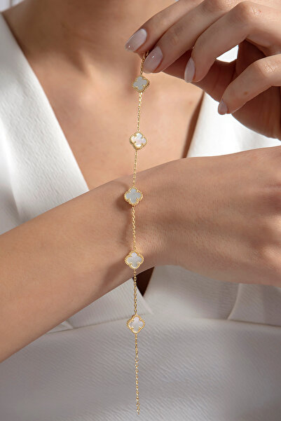 SARIASLAN 925 Ayar Gümüş 5 li Yonca Beyaz Kadın Bileklik 14 Ayar Altın Renk