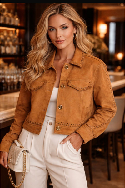 jöns since 1997 Women's Braided Pocket Short Tan Suede Jacket