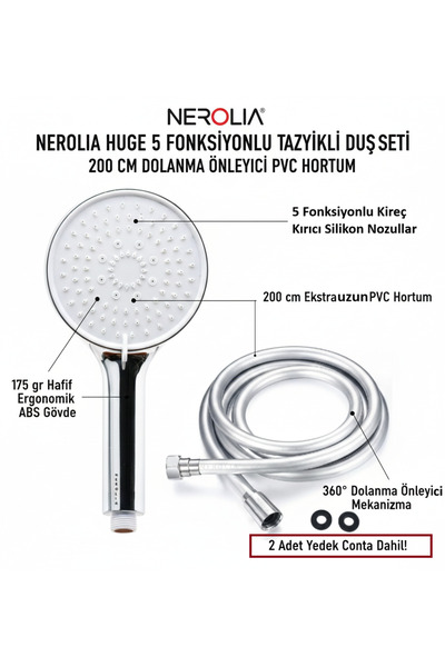 NEROLIA Huge - Paslanmaz Duş Başlığı ve Hortumu Seti - 200 cm PVC Banyo Hortumu