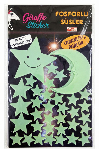 Giraffe Sticker Yeşil Karanlıkta Parlayan Fosforlu Ay ve Yıldız Tasarımlı Dek...