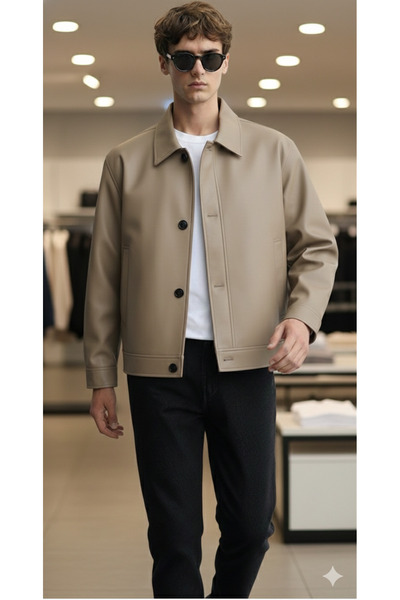 ATKGİYİM سترة رجالية من الجلد الصناعي - موسمي سترة مبطنة بقصة مريحة وياقة قميص