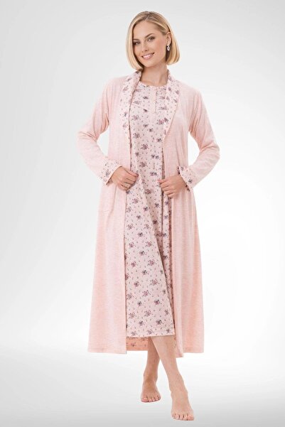 Mecit Pijama Kadın Büyük Beden Çiçek Desenli Uzun Kollu Sabahlıklı Gecelik 2'...