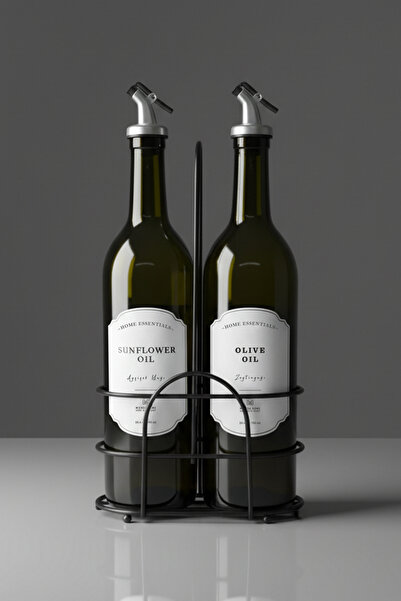 Mienda Home 2'li Siyah Metal Stantlı Cam Yağdanlık Seti 750 ml Damlatmaz Başl...