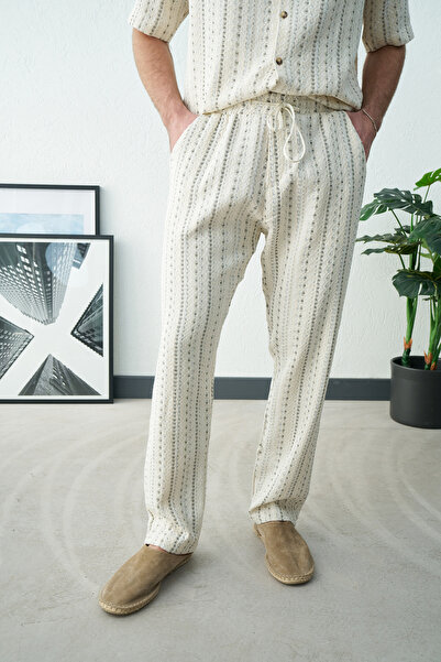 İLKCET MODA Ανδρικό παντελόνι από πλεκτό λινό εκρού με σχέδια