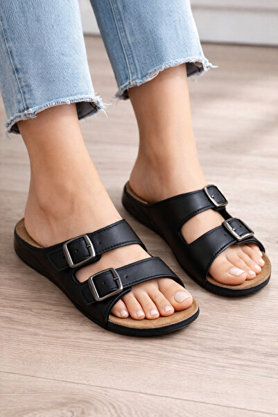 GEZER naturela siyah çift tokalı terlik