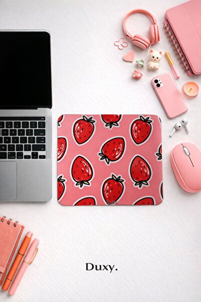 Duxy Çilek Desenli Mouse Pad, 23x19 cm, Kaymaz Taban, Ev, Ofis ve Oyun için R...