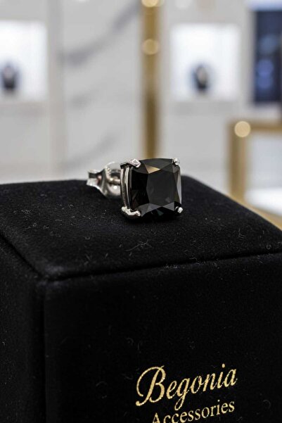 Begonia Accessories 925 Ayar Gümüş Siyah Kare Zirkon Tek Taş UNISEX Küpe – Pi...