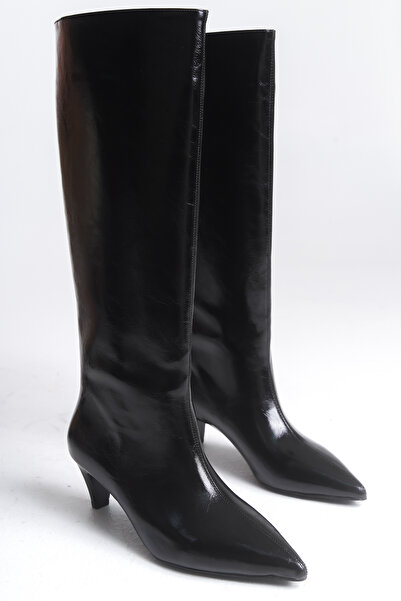 LDR Kadın Siyah Rugan Topuklu Sivri Burun Diz Altı Çizme